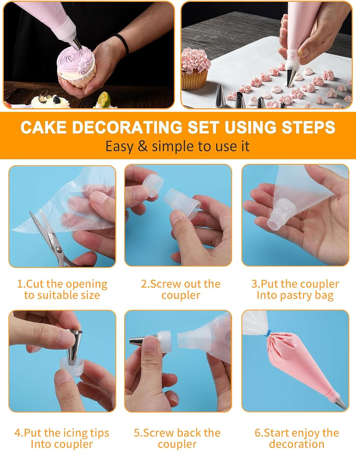 Piping Bags and Tips Set, Cake Decorating Kit Supplies with 100Pcs 12 Inch Pastry Piping Bags 1 Standard Couplers 6 Piping Tips, Pastry Decor Tools for Cupcakes Fit Professional Baking Lover image number 4