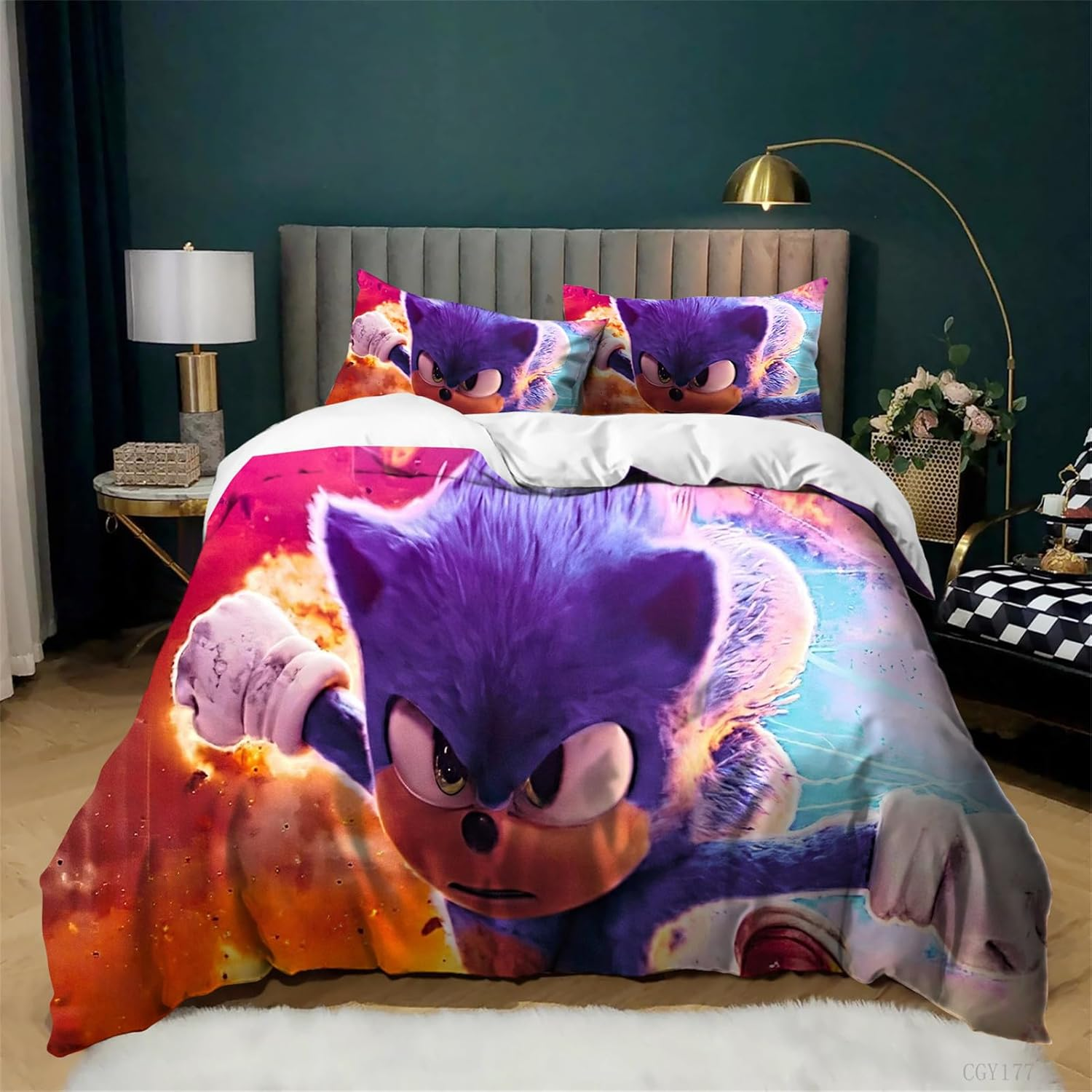 Kids Bedding Set 3 Pieces Movie Sonic Duvet Cover Set All Season Soft Lightweight Duvet Cover with Zipper Closure