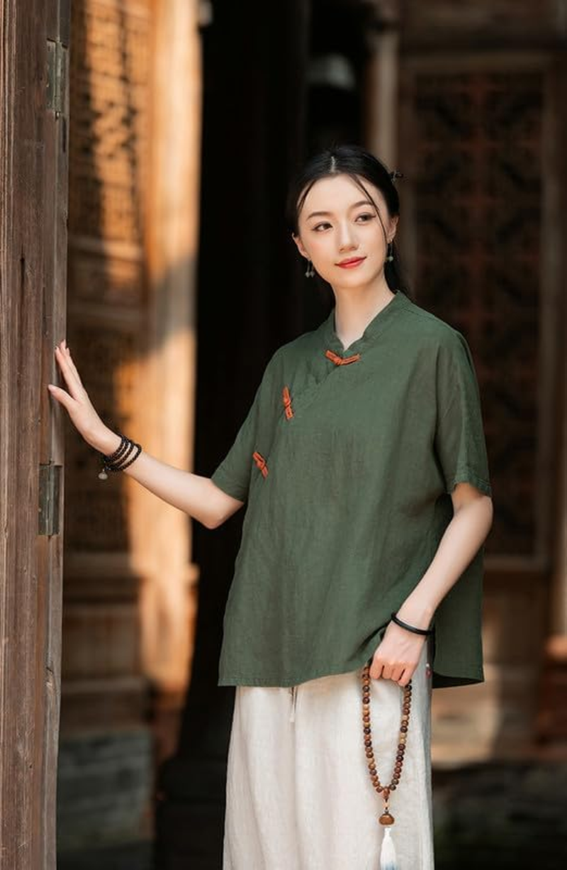 Women'S Chinese Linen Top Tang Style Half Sleeve Shirt Frog Button Blouse image number 3