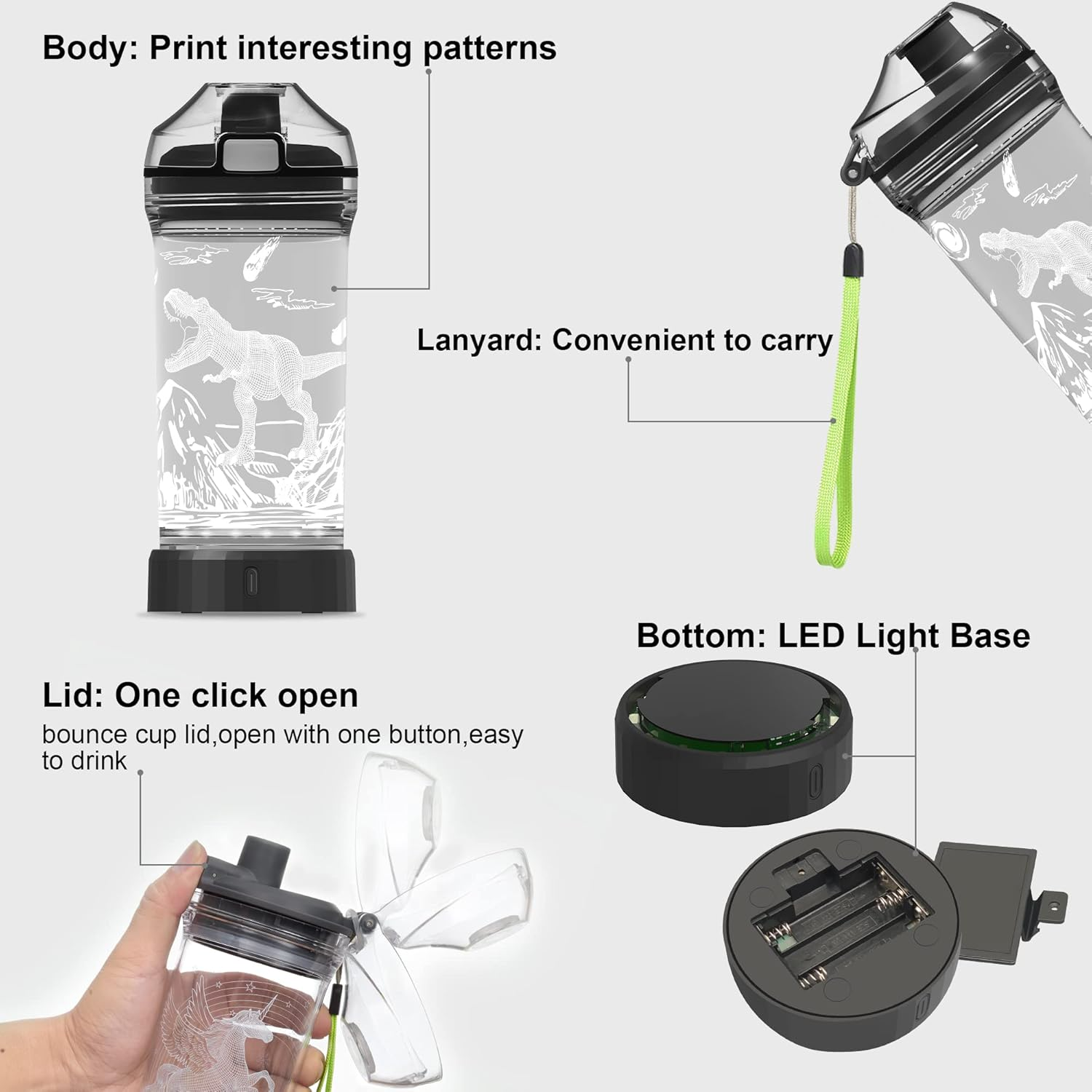 Ammonite Dinosaur Water Bottle for Kids with 3D Glowing LED Light - 14 OZ Tritan BPA Free - Creative Ideal Travel Cup Dinosaur Jurassic School Kid Boy Child Holiday Camping Picnic