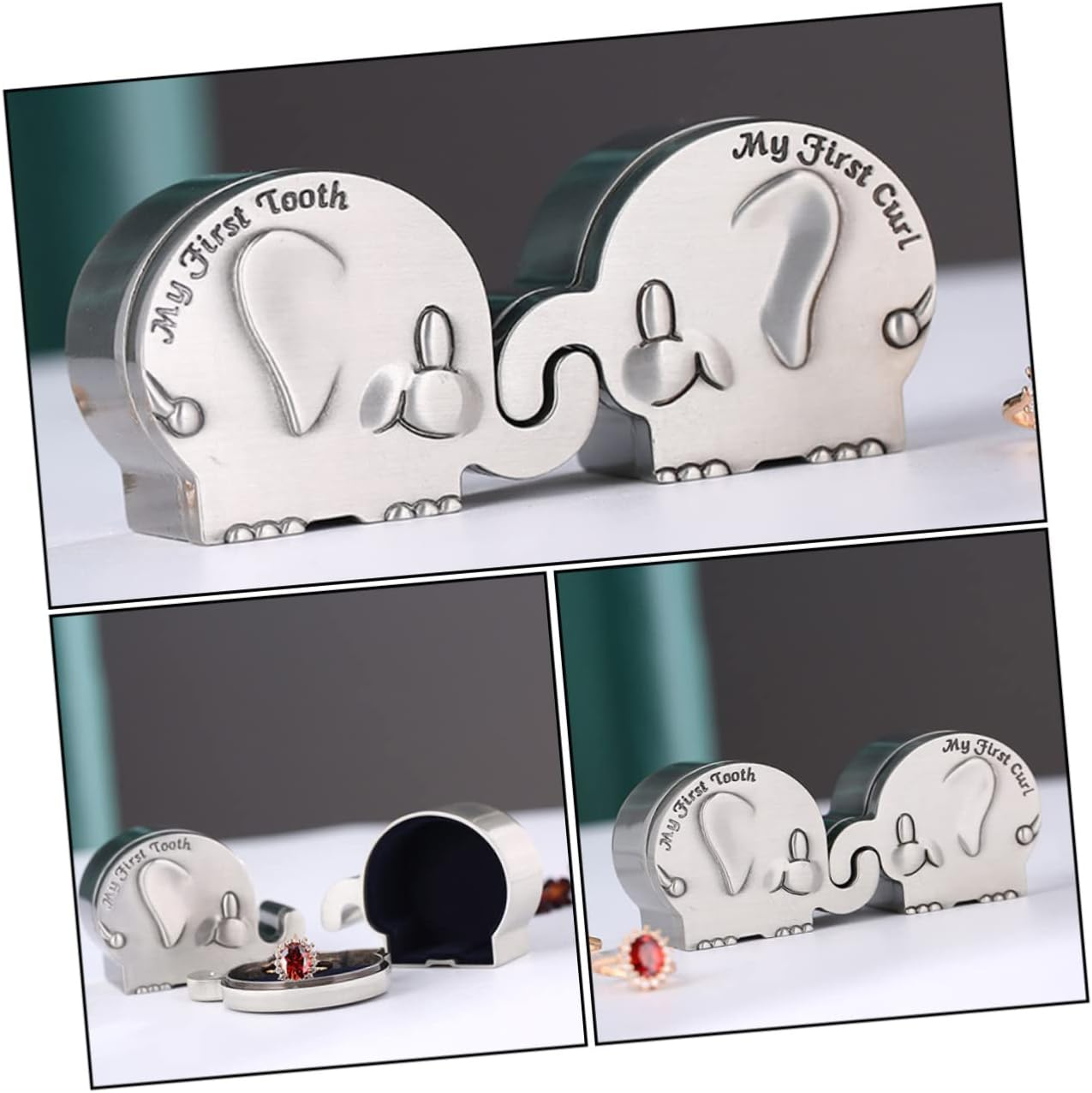 HANABASS My First Curl and Tooth Keepsake Box Set Elephant Shape Silver Metal Newborn Baby Hair and Tooth Storage Collector for Infant Memories image number 4