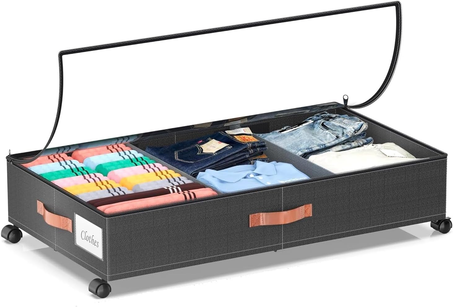 Under Bed Storage Containers with Dividers & Clear Lids, under Bed Storage with Wheels,Which Can Hold Clothes, Shoes, Toys (Black)