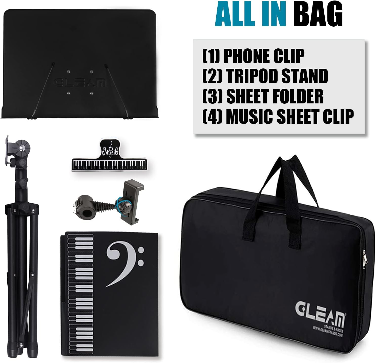 GLEAM Sheet Music Stand - 5 In1 Desktop Book Stand Metal with Carrying Bag Folder and Clamp image number 1