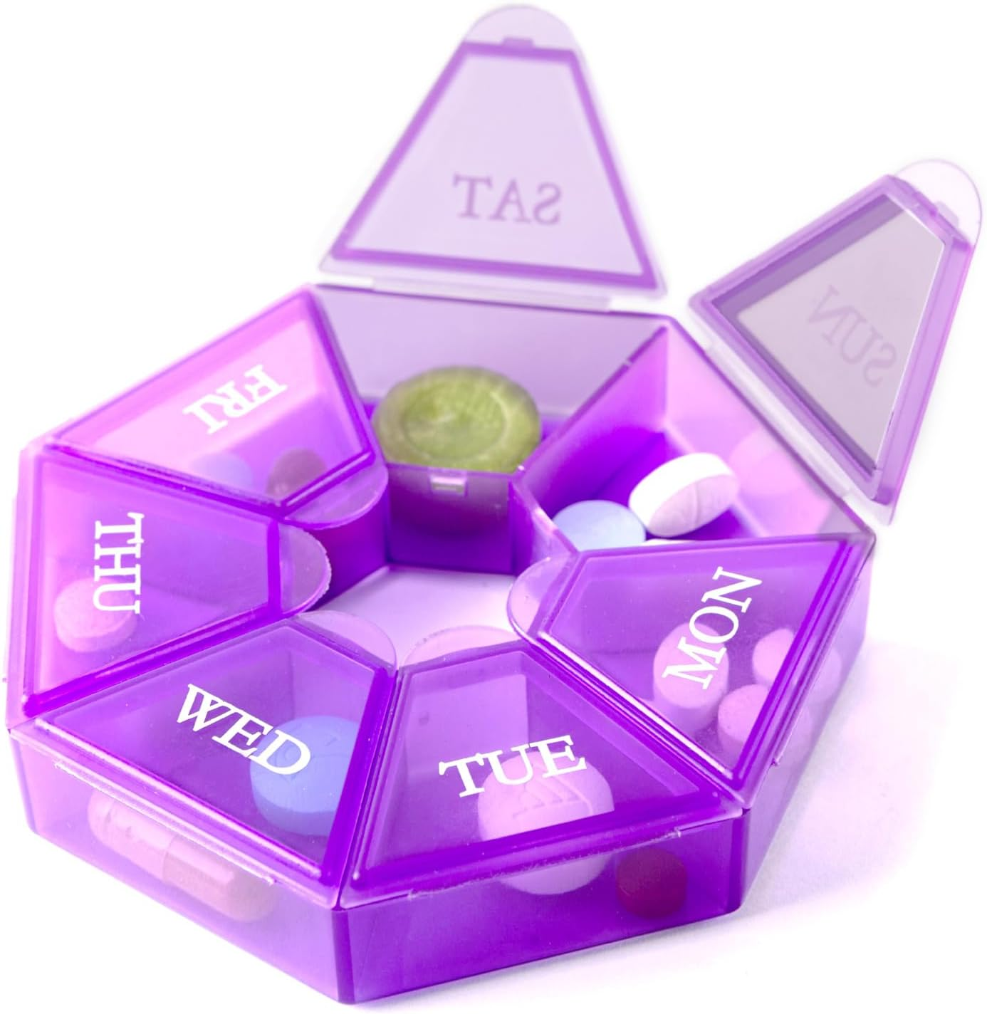 7-Sided Portable Pill Box Medicine Planner Small Case (Seven Day Weekly Travel Container) Medication, Vitamin Holder Boxes Organizer Pillbox Dispenser Organizer, Sorter and Reminder Containers