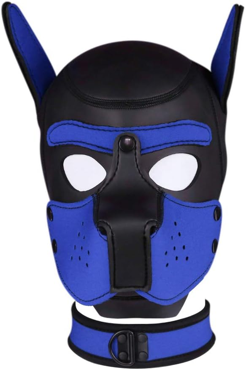 Adults Neoprene Puppy Hood Mask with Collar, Removable Cosplay Dog Full Face Pup Hood Mask image number 3