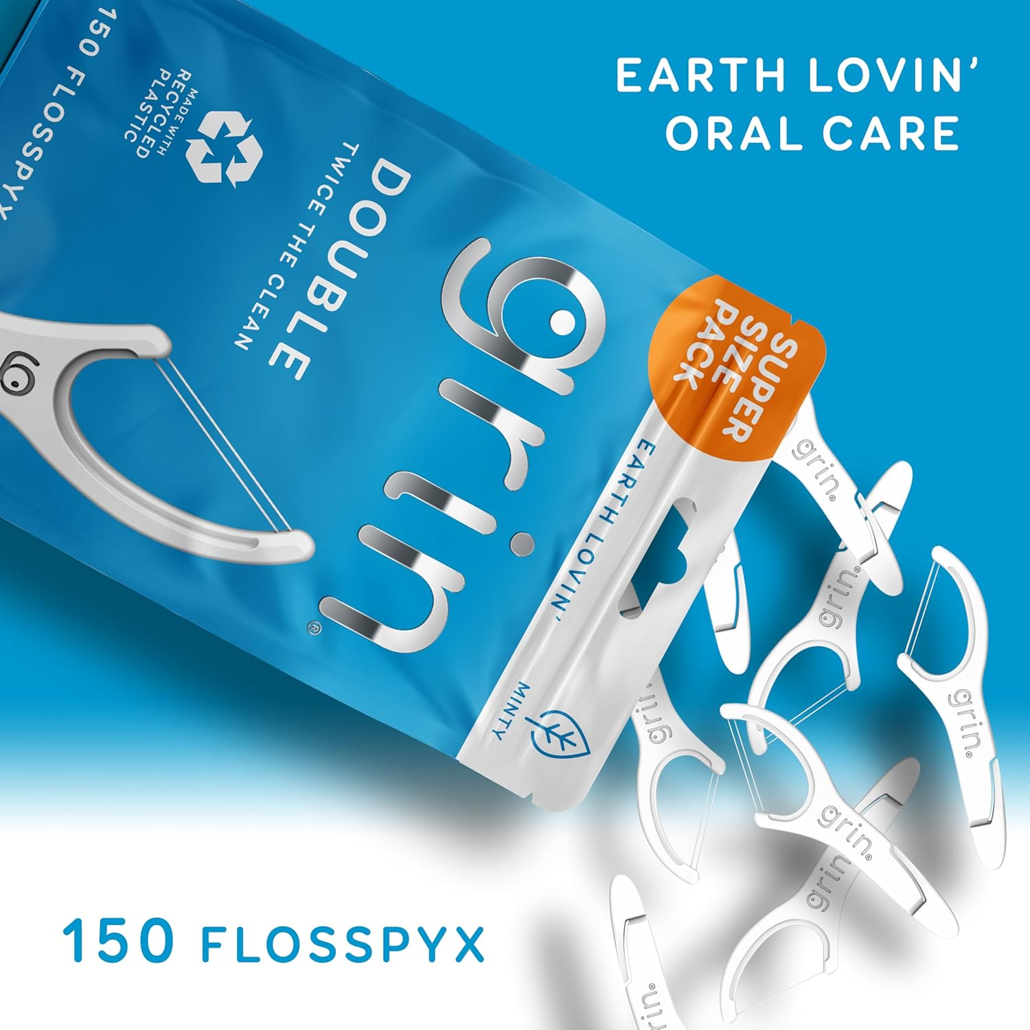 GRIN Double Flosspyx, Floss Picks, 150 Ct, Dental Flossers, Minty Flavor, Recycled Plastic, 2 Lines of Strong Floss, Longer Floss Head, Traps Food and Plaque, Includes Safe Soft Fold-Back Tooth Pick image number 6
