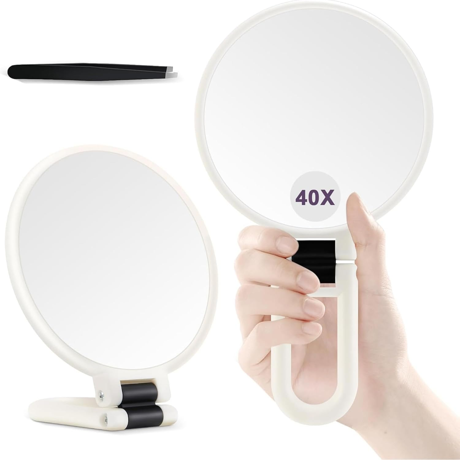 Valentine'S Day Gift 40X Magnifying Mirror &ndash; Double-Sided Hand Mirror with 40X/1X Magnification, Foldable & Portable Makeup Mirror for Travel, Eyebrow Plucking, Eyelash Application (White)