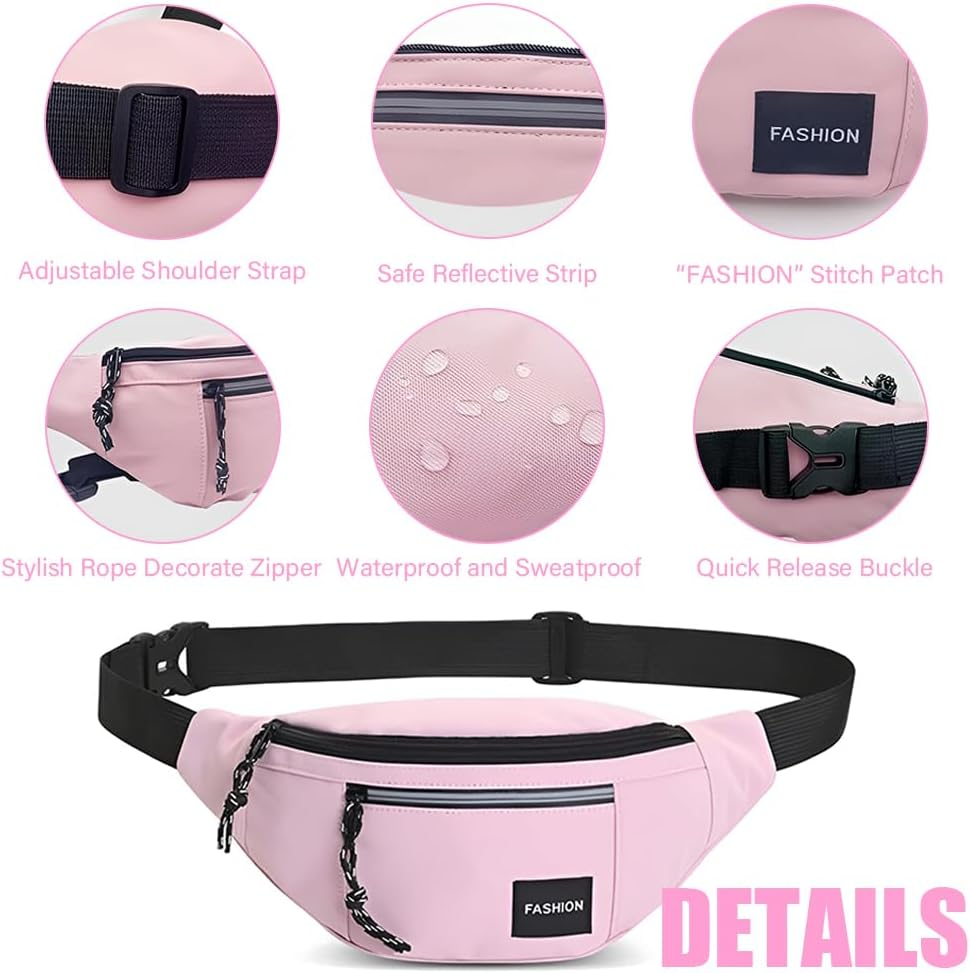Hiking and Running Waist Packs, Waterproof Waist Bag, Portable Shoulder Bag, Adjustable Crossbody Bag with Multiple Compartments, Waist Pack for Camping, Travel Outdoor (Pink) image number 6