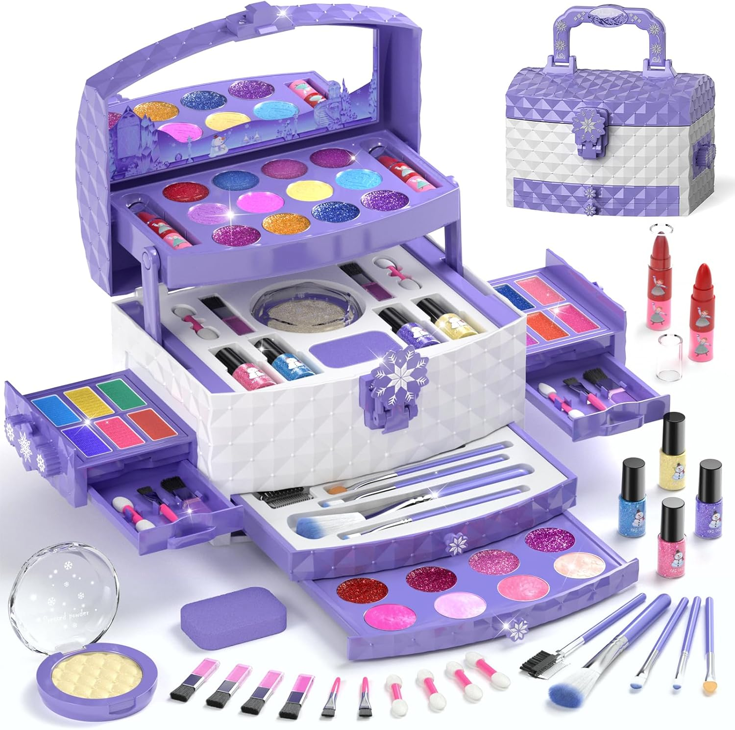 PERRYHOME Kids Makeup Set for Girl 56 Pcs Washable Real Cosmetic, Safe & Non-Toxic Frozen Toys Toddler Makeup Kit, Frozen Princess Dress up Game Christmas & Birthday Girl 3-12
