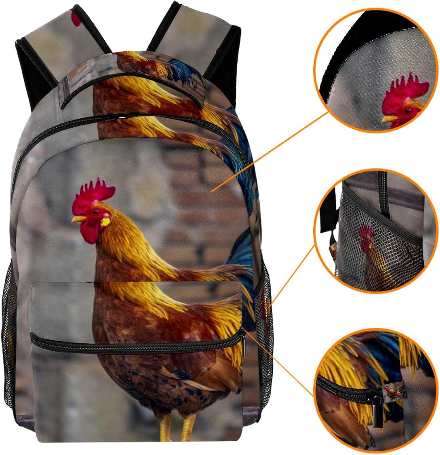 Animal Rooster Feathers Colors Farm Backpack Students Shoulder Bags Travel Bag College School Tote Backpacks