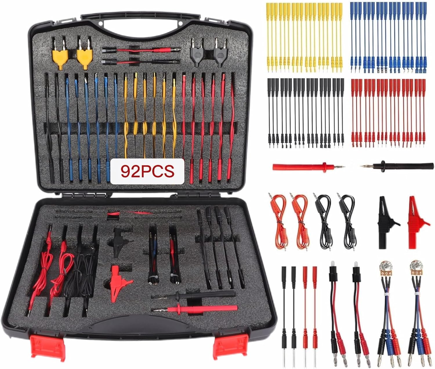 Automotive Circuit Test Leads Kit - MOTOCOCHE 92 Pieces Multimeter Test Leads Kit Multifunctional Electric Probe Test Kit Black Carrying Case Test Lead Set Cable Connectors Adapter Cables image number 5