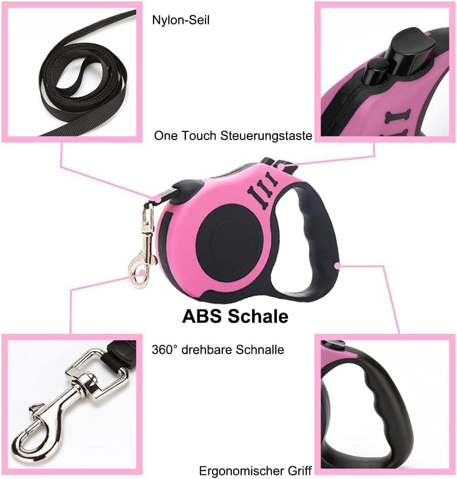 Dog Lead, Classic, 5 Metres Retractable Dog Lead for Small, Medium and Large Dogs, Pink image number 2