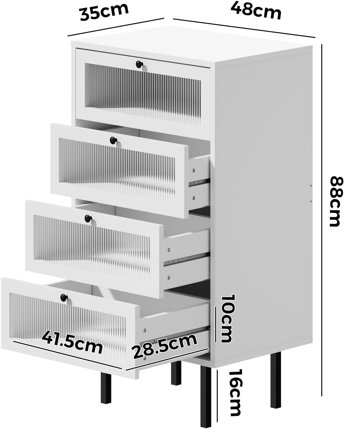 Oikiture Chest of Drawers Tempered-Glass Doors Display Cabinet with 4 Drawers - Black image number 4