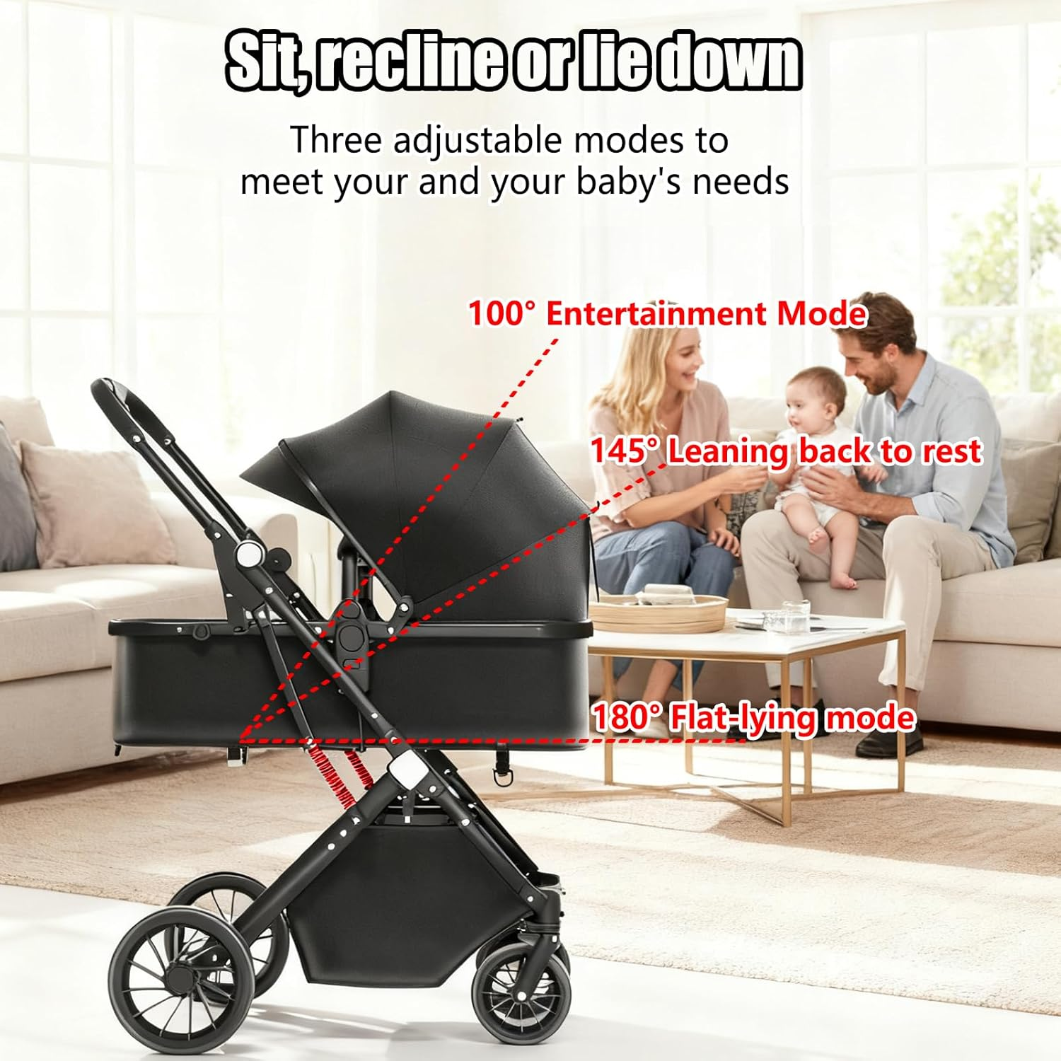 3In1 Aluminium Alloy Pram Baby Stroller, Lightweight Travel Pram for Newborn to Toddler, Adjustable Reclining Seat, Foldable Design, Storage Basket, 5-Point Harness & Sun Canopy, Lightweight Travel Baby Trolley image number 3