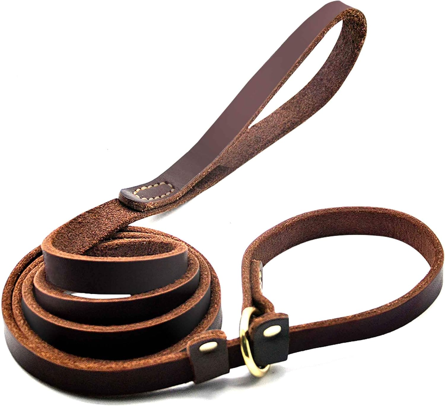 Wellbro Real Leather Slip Lead Dog Leash, Soft Adjustable Pet Slip Leads with Slider, Heavy Duty Flat Dog Training Leash for Medium and Large Dogs, 6Ft Long by 0.7 Inch Wide, Brown image number 1