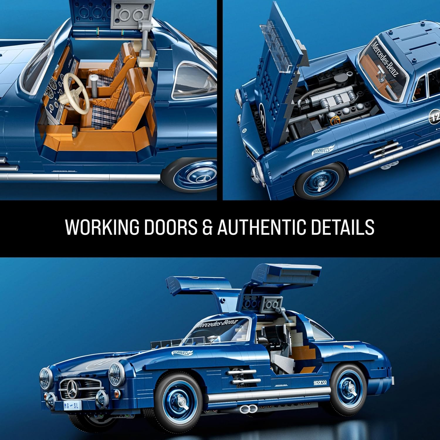 Mattel Brick Shop Hot Wheels Premium Series Building Set, Mercedes-Benz 300 SL with 1600 Pieces, Realistic Details and Metal Parts, Adult Collectors image number 3