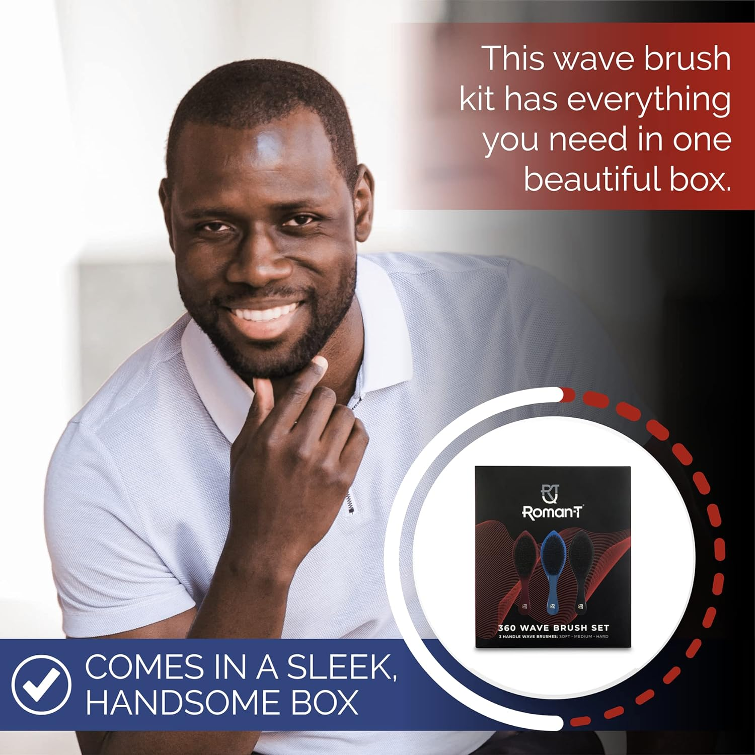 Roman-T Men'S 360 Wave Brush Set - Three Handle Brushes for 360 Waves (Soft, Medium & Hard) - Grooming Gift Set image number 4