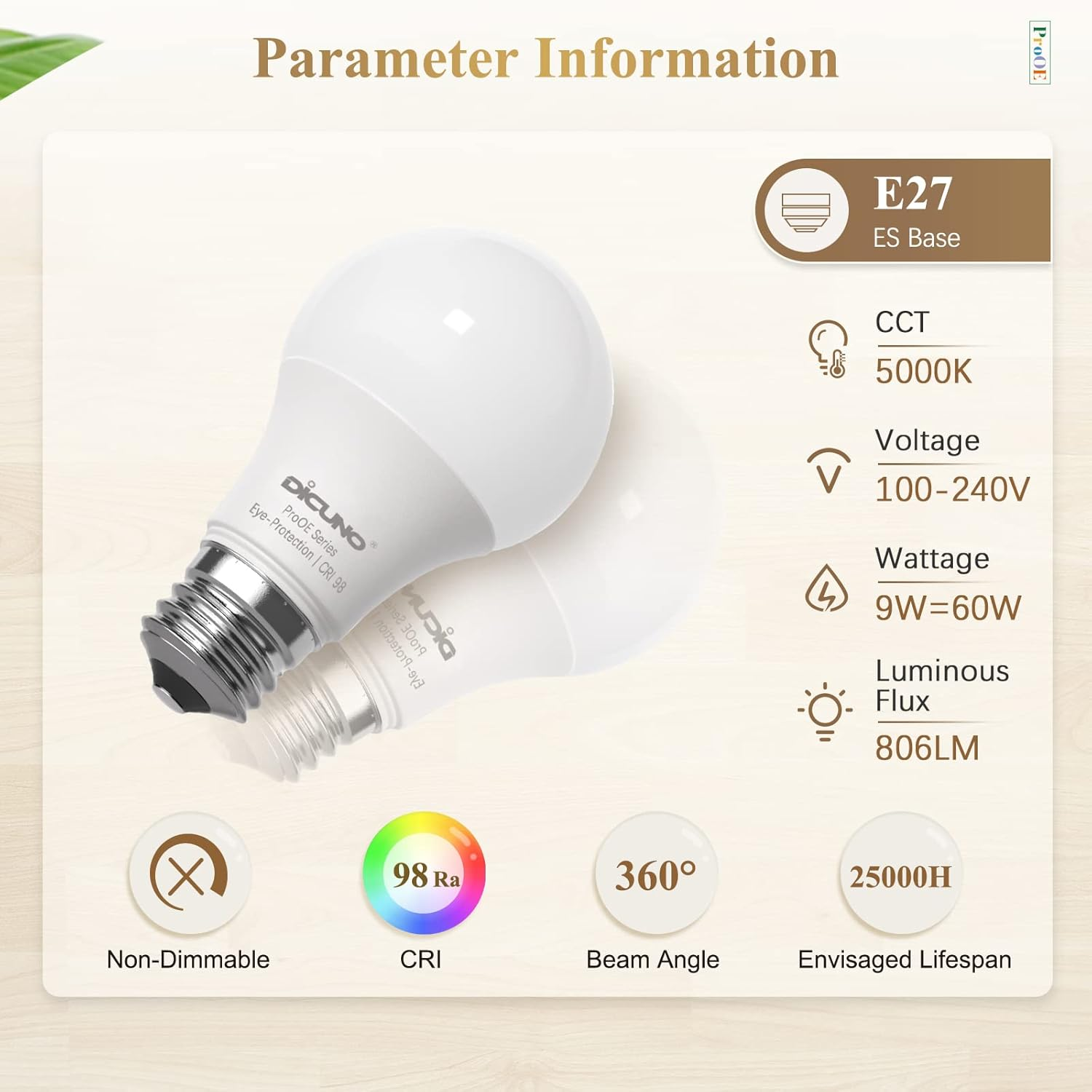 Dicuno Prooe E27 Bulb, LED Light Bulb, CRI 98, 9W 806LM 60W Equivalent, Daylight White 5000K, Not Dimmable, Pack of 6 - Daylight White image number 4