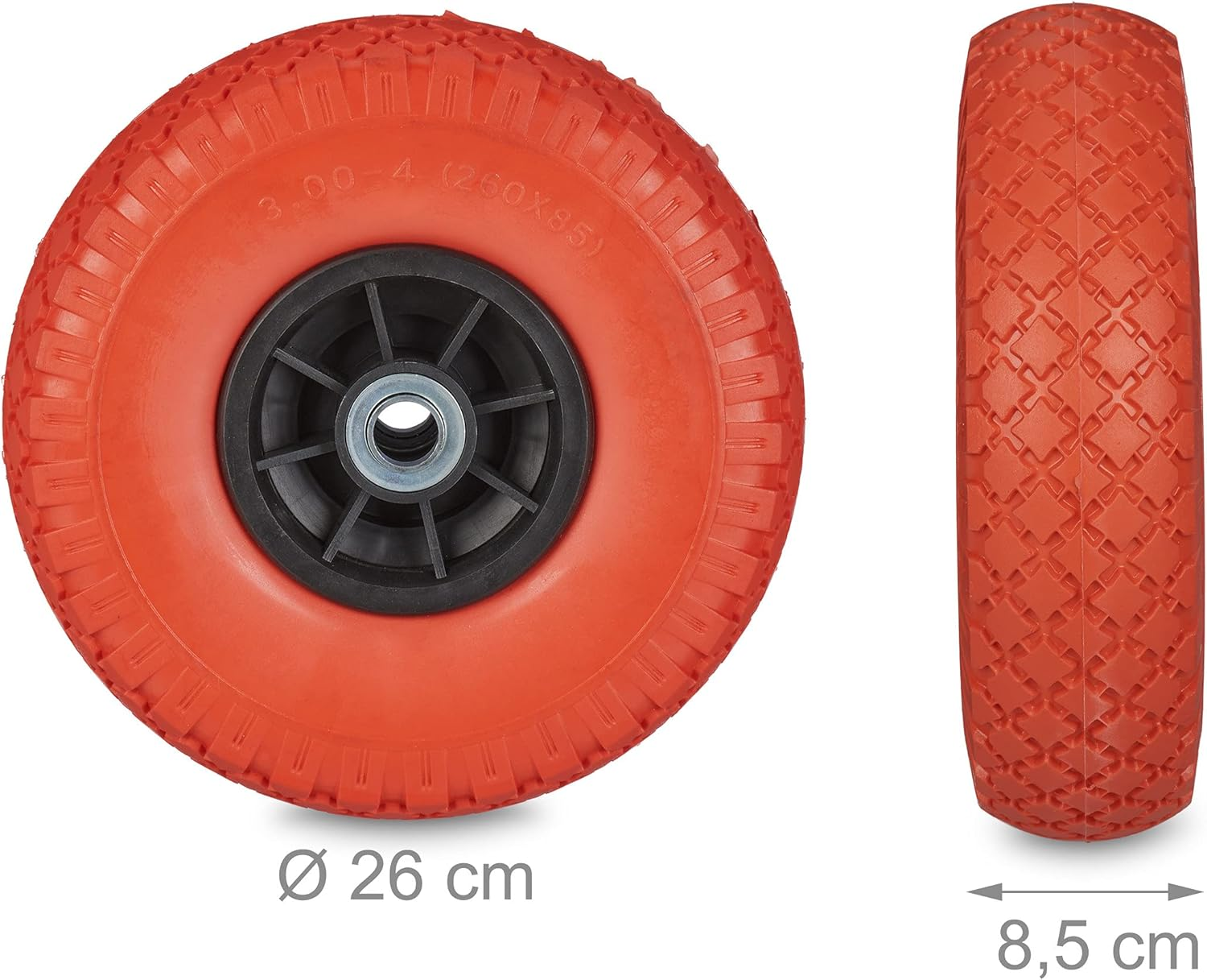 Relaxdays 2 X Sack Truck Wheels, 3.00-4 Inches, 260 X 85 Mm, Puncture-Proof Solid Rubber Tyres, 20 Mm Axle, up to 80 Kg, Red/Black - Red image number 3