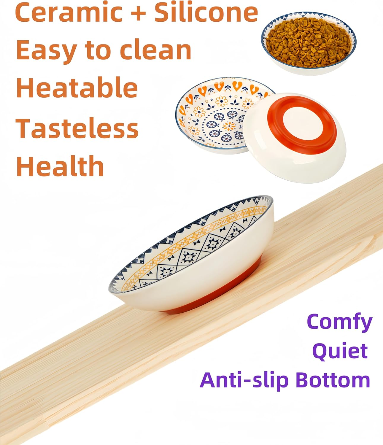 3 Pack Non-Slip Cat Food Bowl, No Spill Ceramic Cat Bowls, anti Whisker Fatigue Cats Dish Set for Indoor Cats, Shallow Wide Kitten Dishes for Food, Boho Kitten Bowls with Silicone Bottom image number 5