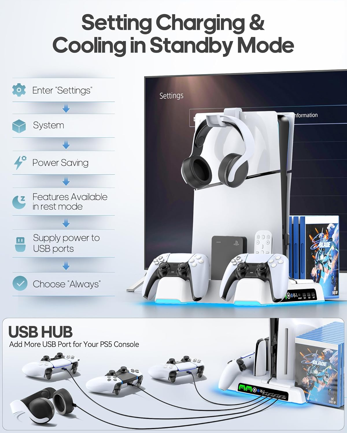 Kytok Ps5/Slim/Pro Cooling Stand with PS 5 Controller Charger for Playstation 5 Console, PS5 Stand with 3 Levels Cooling Fan, Vertical Station with Headset Holder image number 5