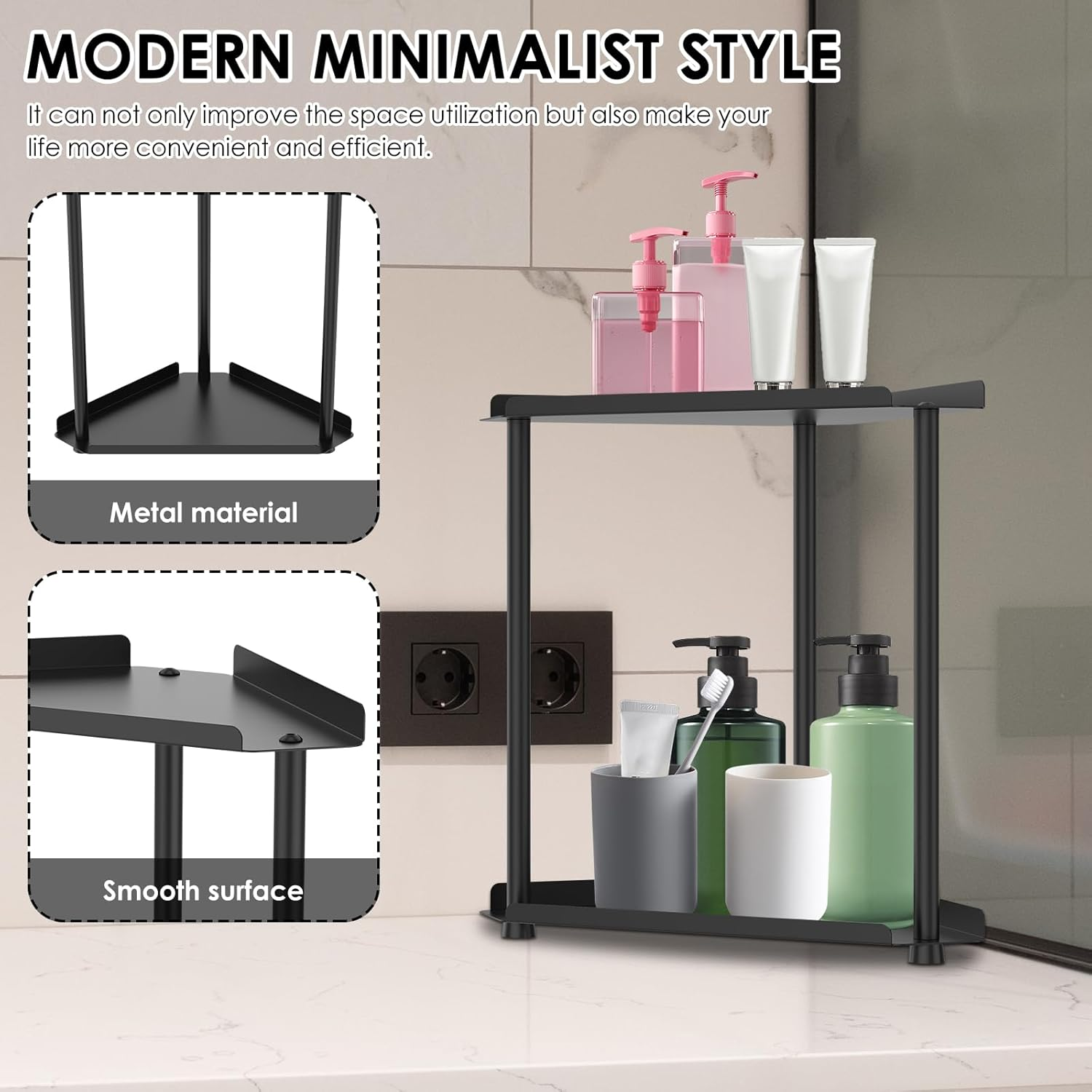 Makeup Organizer, Cosmetic Storage Display Case with 2 Layers Large Capacity Display Case for Vanity Cosmetics Organizer Storage for Bathroom Counter Dresser Brushes Lipsticks Skin Care Beauty (Black) - Black image number 2