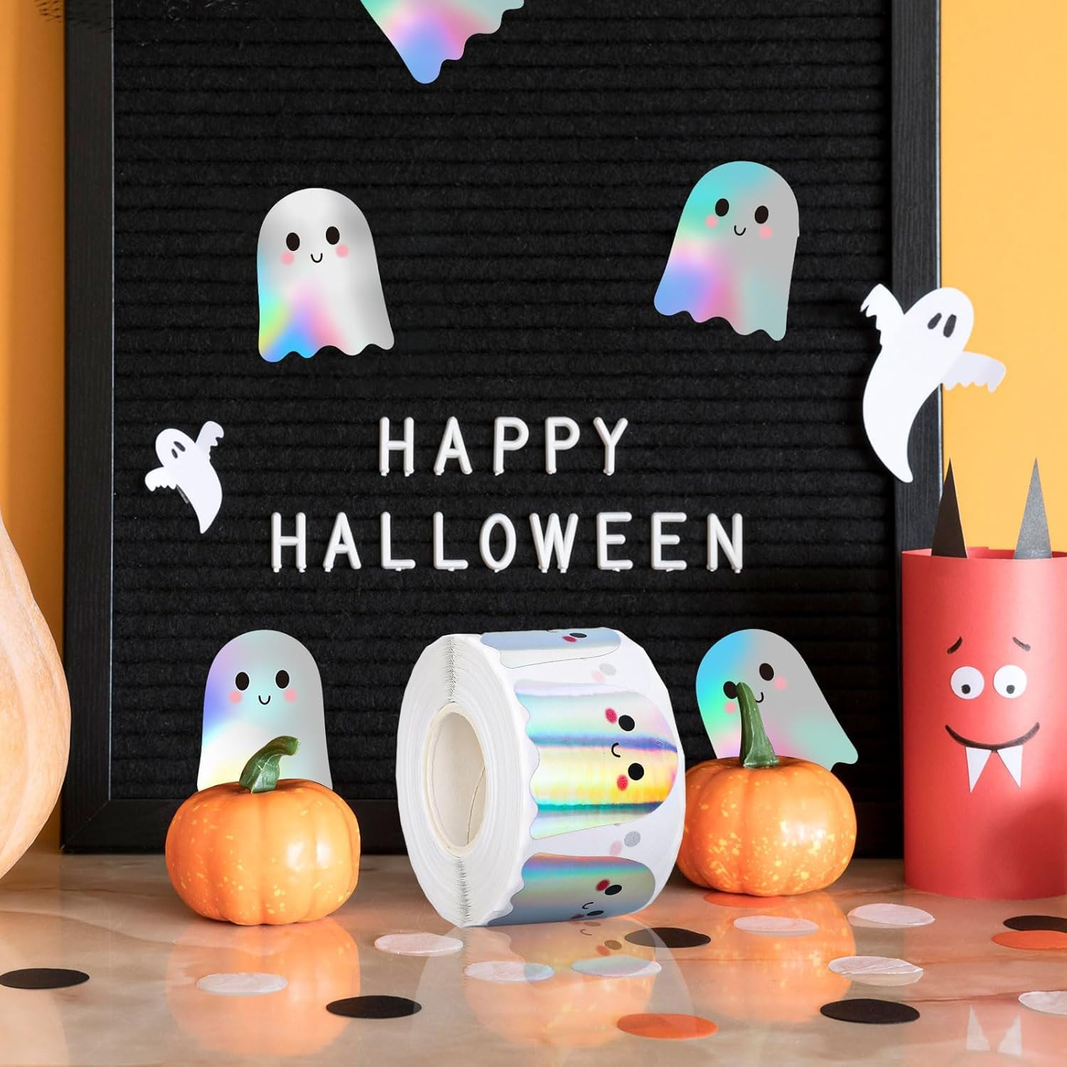 500Pcs Halloween Pholographic Ghost Stickers Rolls, 1.2" Laser Cute Boo Ghost Self-Adhesive Stickers,Waterproof Self-Adhesive Sticker Decals for Halloween Party/Gift Decor - Orange image number 2