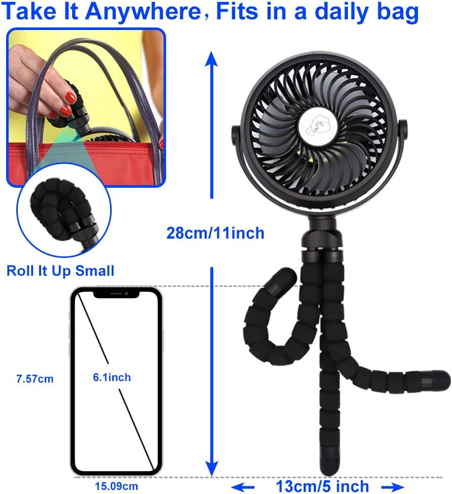 Portable Battery Powered Stroller Fan,Mini Handheld Personal USB Fan,Car Seat Baby Fan with Flexible Tripod,360&deg; Rotatable Ultra Quiet Desk Fan with LED Light for Stroller/Bike/Camping/Bbq/Gym image number 1