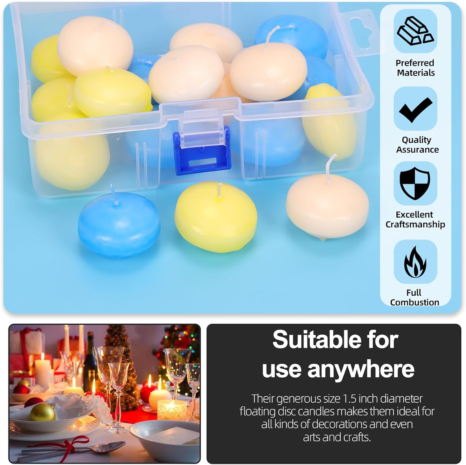 Glarks 18Pcs 3 Colors Floating Candles Set 1.4In Ivory-White, Yellow, Blue Floating Disc Candle Water Tealight Candles for Centerpieces at Halloween Fall Wedding Dinner Party Spa Treatments image number 4