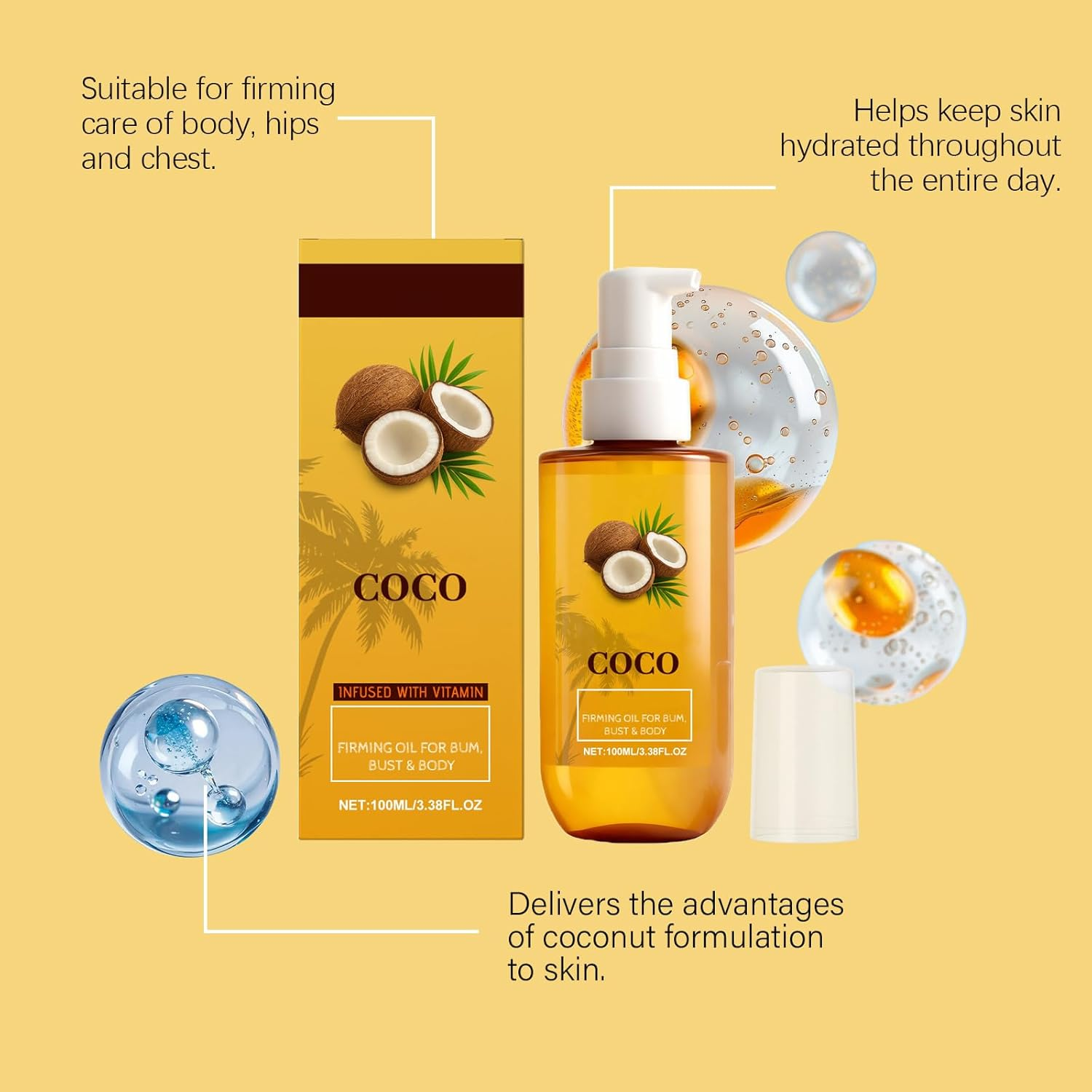Coconut Firming Body Oil with Vitamin E, Hydrating Body Moisturiser, Deeply Nourishing for Dry Skin, Firming & Toning, Fast Absorbing Non-Greasy, Improves Skin Texture, Even Tone (2Pcs) - 1Pcs image number 2