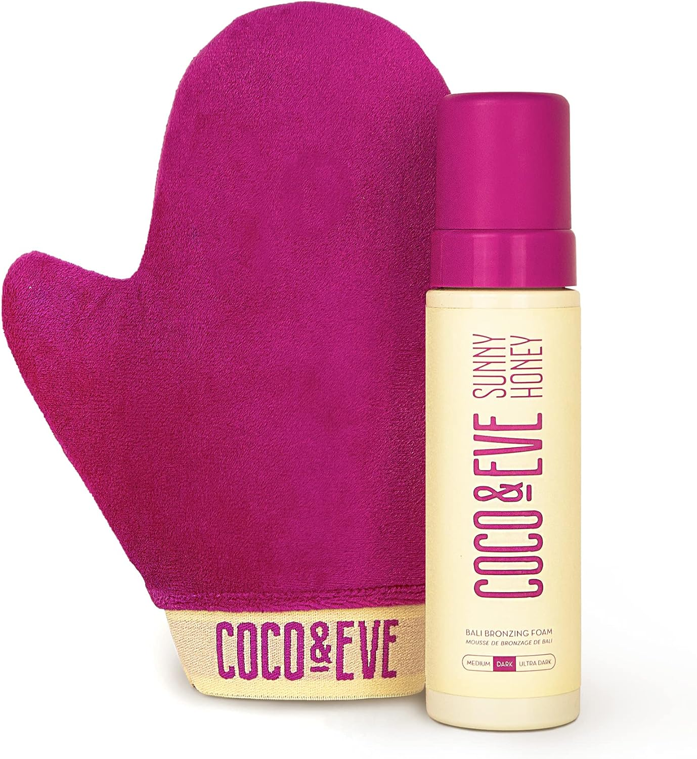 Coco & Eve Self Tanner Mousse Kit - All Natural Sunless Tanning Mousse | Instant Self Tanning Lotion with Bronzer & Self Tanning Mitt Applicator | Sunny Honey Bali Bronzing Kit (Dark)