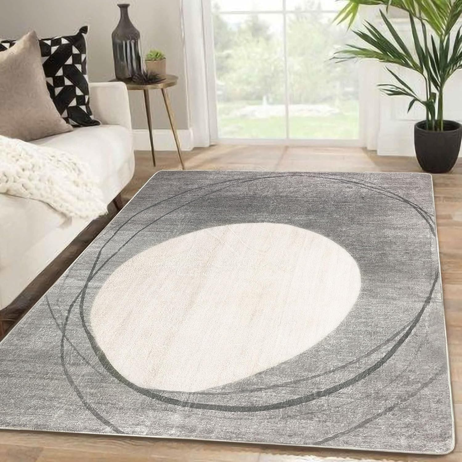 Tinyboy-Hbq Area Rug Short Pile Living Room Carpet Modern Geometric Design Rugs Circular Pattern Rug Non-Slip Decorative Rugs for Bedroom (Light Grey/Beige, 120 * 160Cm) image number 6