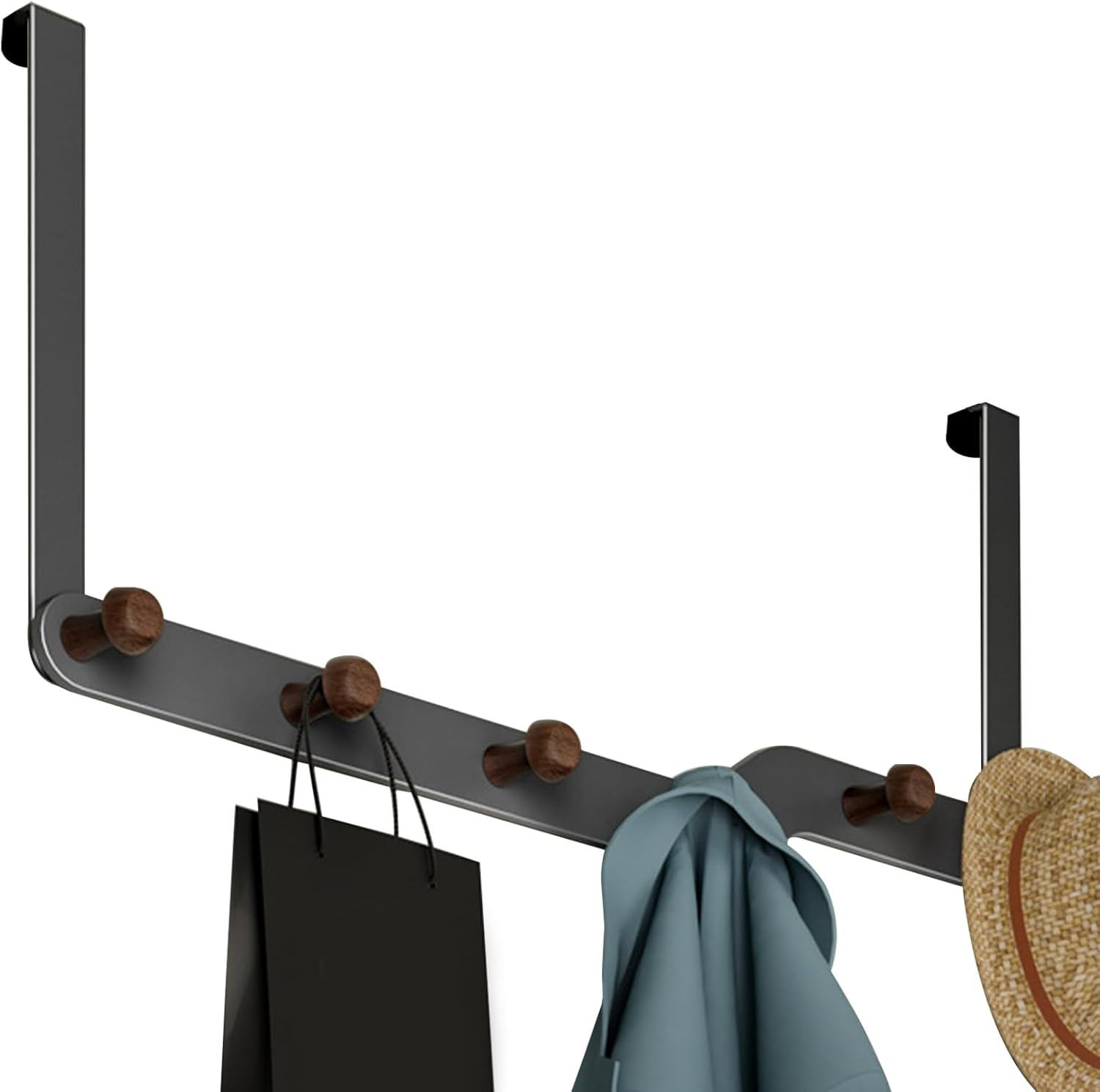 Over the Door Hooks Hanger for Clothes with 6 Wooden Door Hooks Sturdy Towel Rack Heavy Duty Coat Hooks on Back of Bathroom Bedroom Closet Doors for Hanging Clothes Hat Towels Umbrellas Key (Grey)