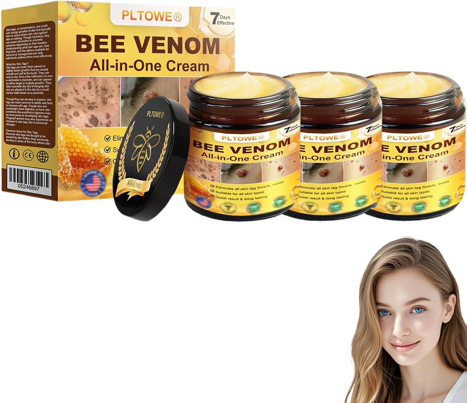 PLTOWE Bee Venom All-In-One Cream,Bee Venom Cream,Tlopa Bee Venom Skin Treatment Cream,Improve Skin Quality and Resolve Skin Problems (3)
