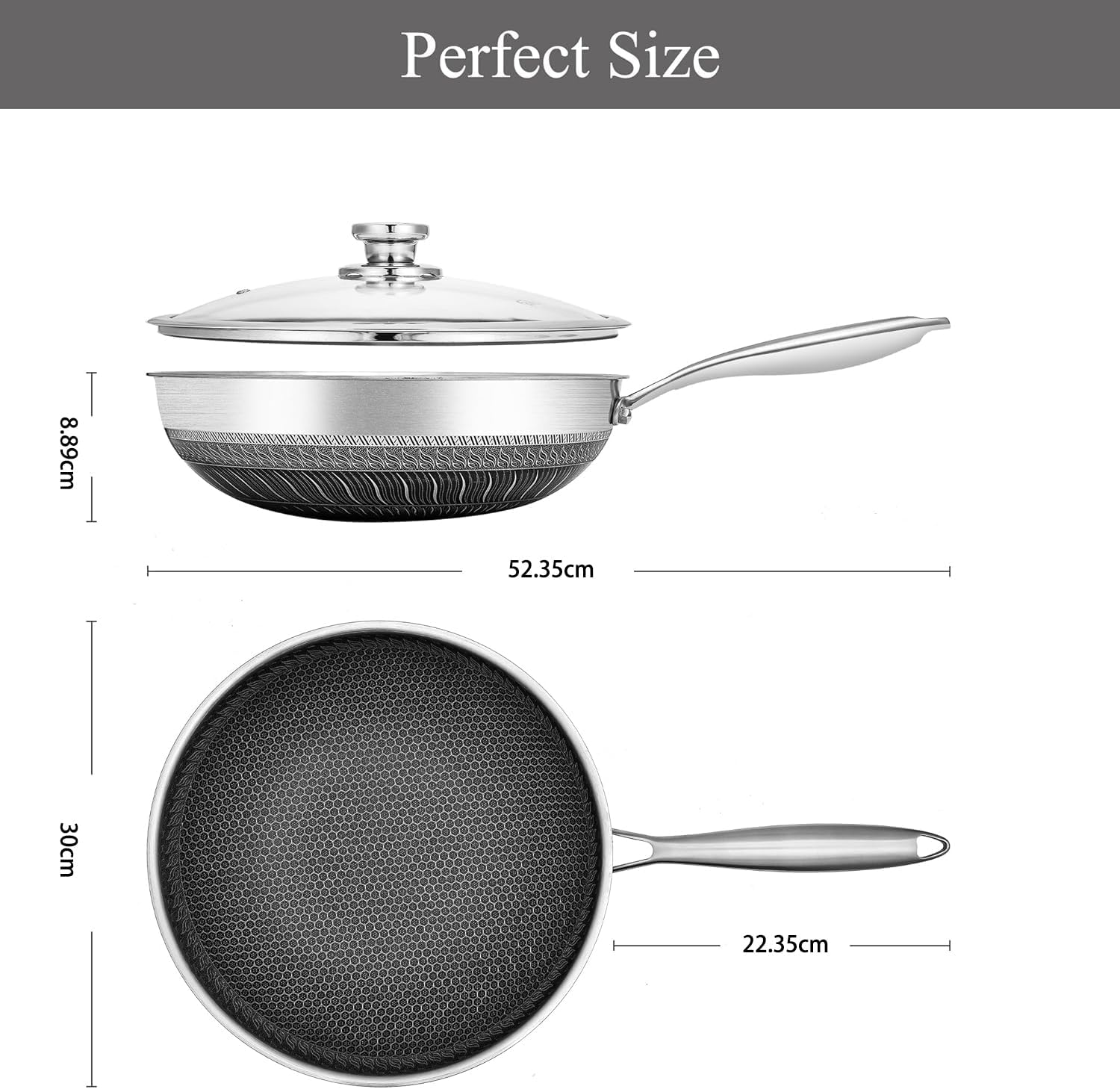 Wok with Oven-Safe Lid - anti Scratch Kitchen, for Saut&eacute;ing, Roasting, Broiling &ndash; Large 30Cm Stainless-Steel Skillet - German GREBLON Non-Stick Shield Technology image number 6
