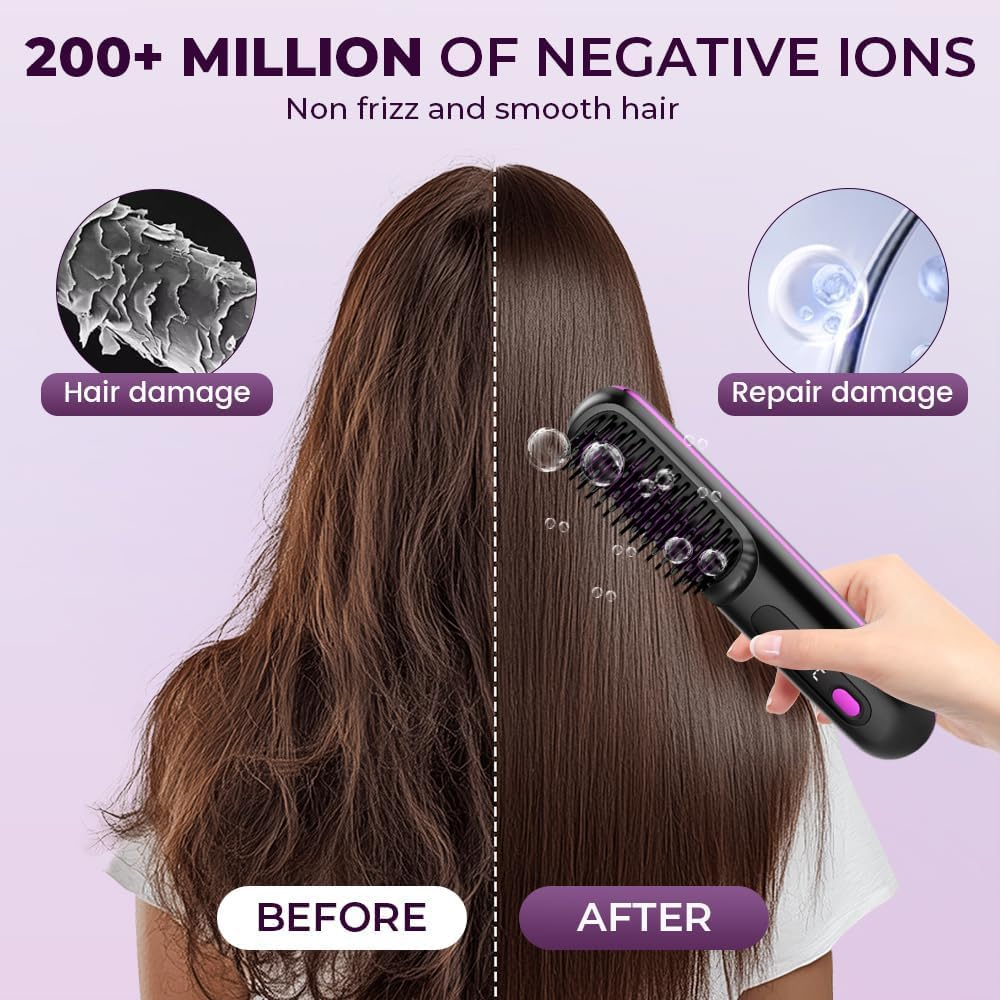 2026 Upgraded Cordless Hair Straightener Brush, Fast Heating Portable Hair Straightener Comb for Women Travel Essentials 3 Adjustable Temperature image number 3