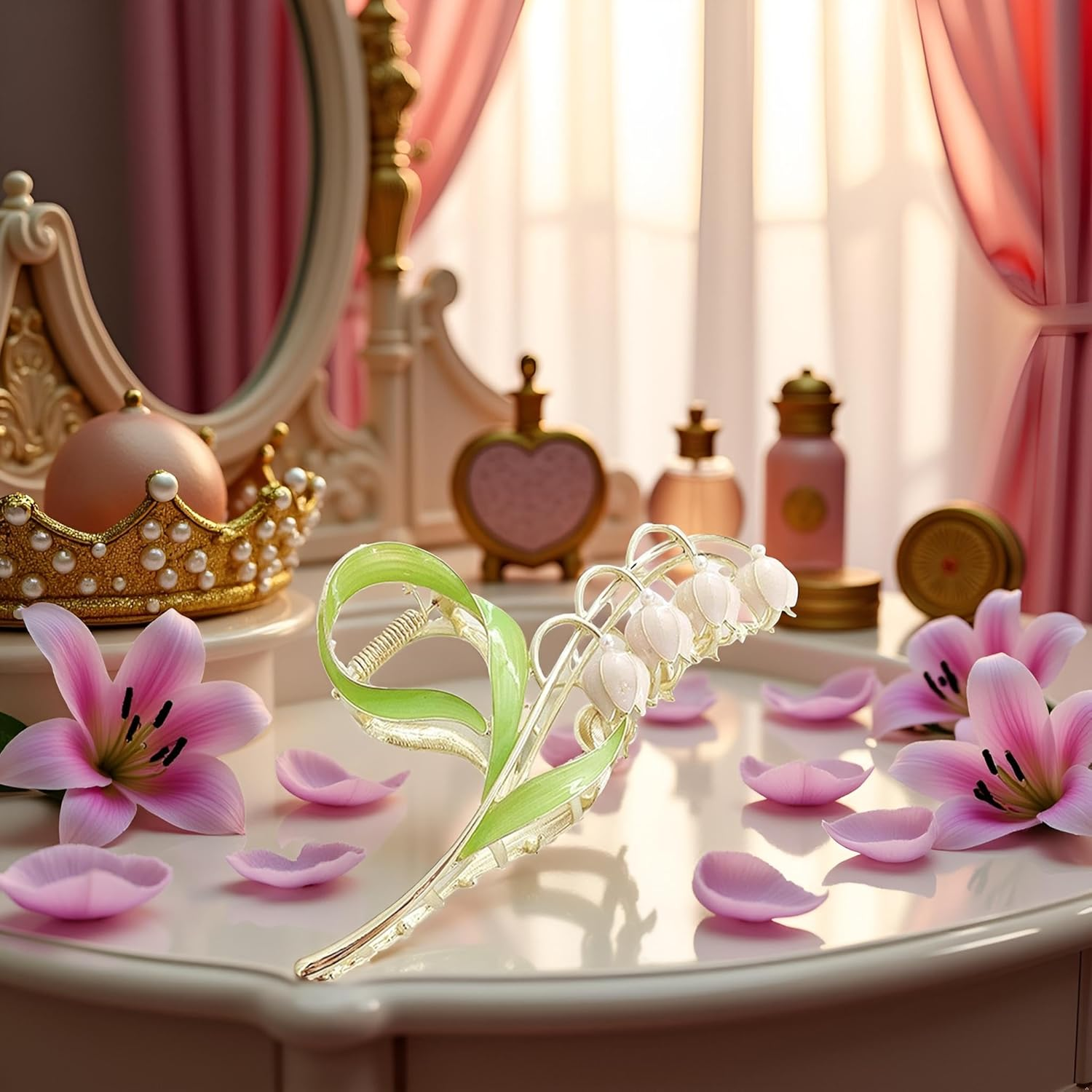 1Pc Pink Gold Lily of the Valley Flower Hair Clips, Large Metal Claw Clip,Orchid Clamps,Lily Jaw Clamp Styling Accessories for Thick Thin,Hair Accessories image number 2