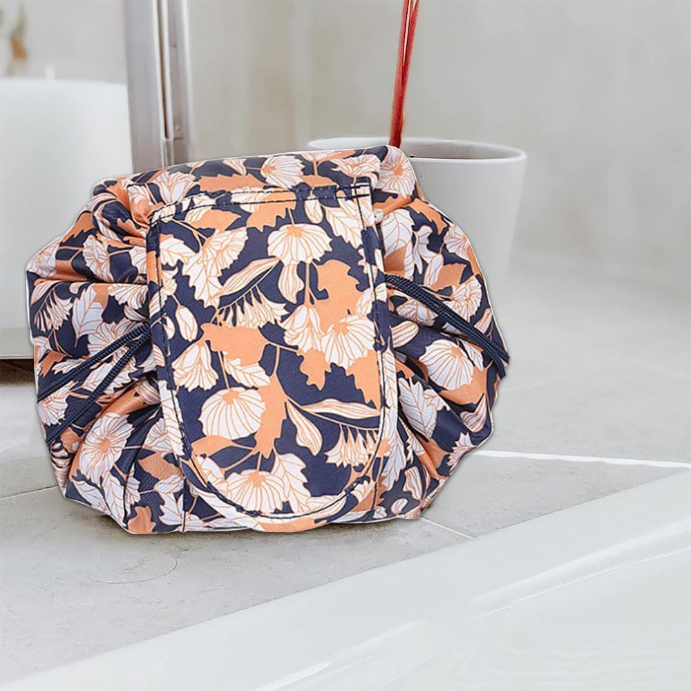 JZS Lazy Makeup Toiletry Bag, Drawstring Cosmetic Makeup Bag Organizer Portable Quick Pack Toiletry Bag for Travel, Gifts, and Daily Use(Flower and Black) image number 5