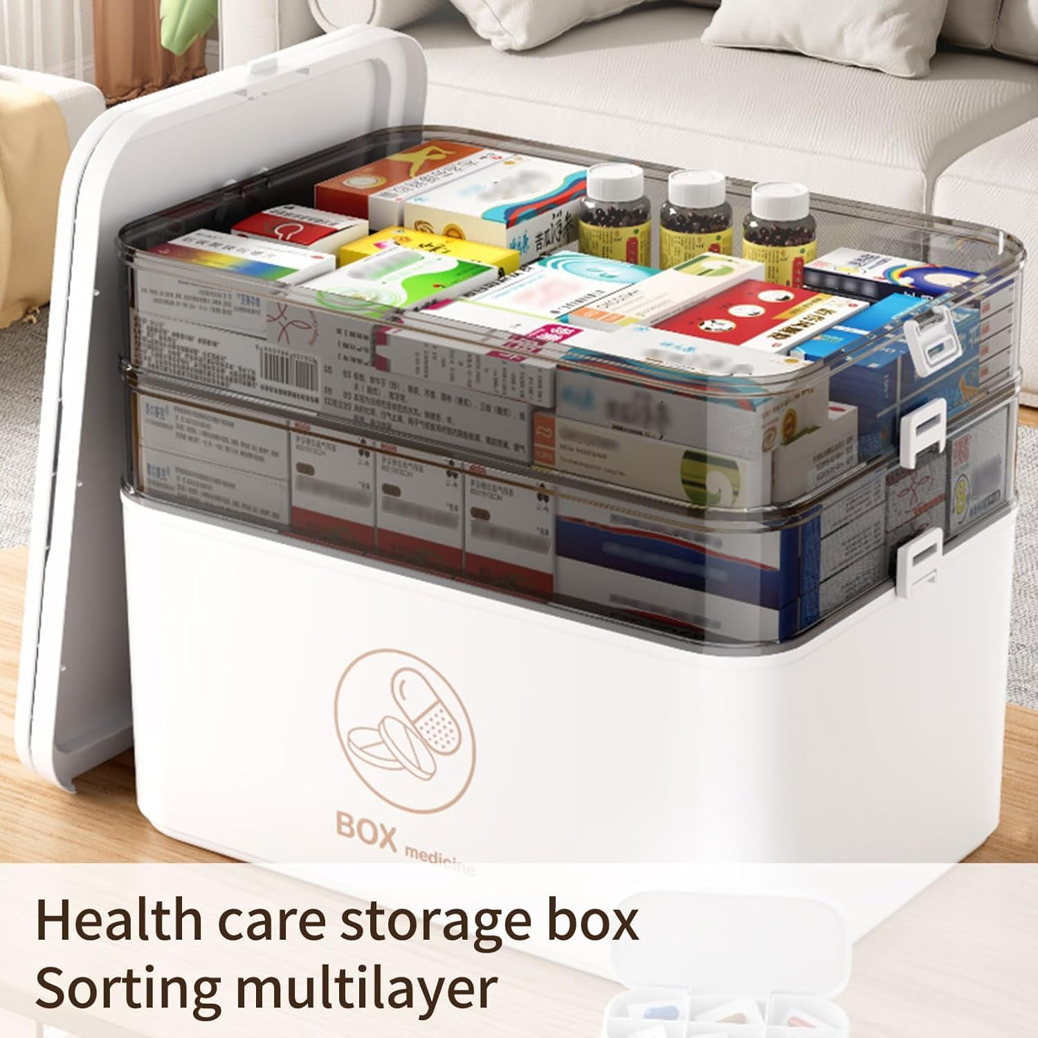Medicine Storage Box 3-Tier Portable PP First Aid Storage Box with Sealing Buckle & Dual Trays Partitioned Medicine Box Organizer Storage for Family, Office and Travel, White