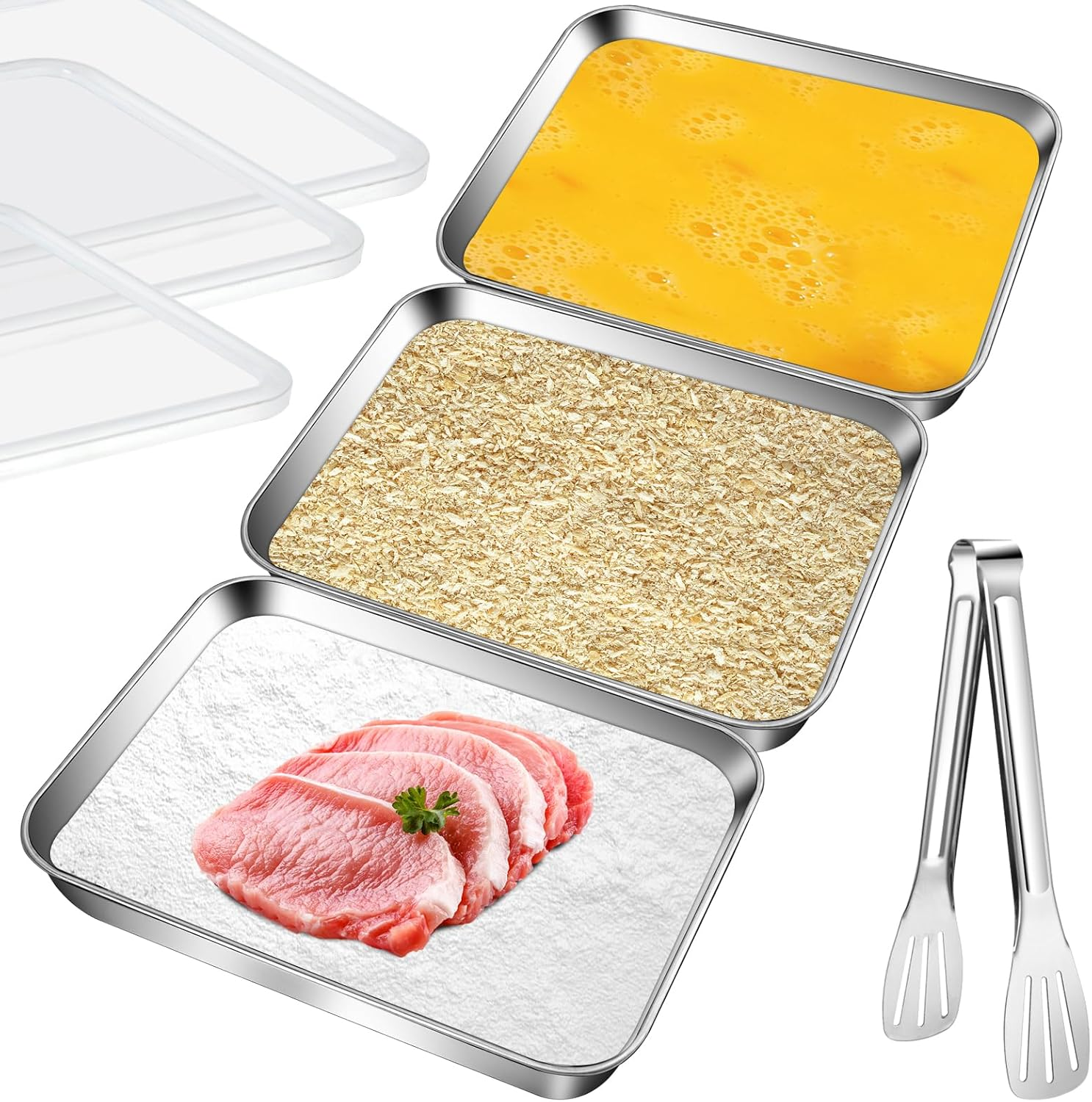 3 Set Stainless Steel Breading Trays Set with Lids, Dust Proof Breading Pans with Tong for Dredging Chicken Breasts，Marinating Meat, Food Prep Trays Oven & Dishwasher Safe image number 1
