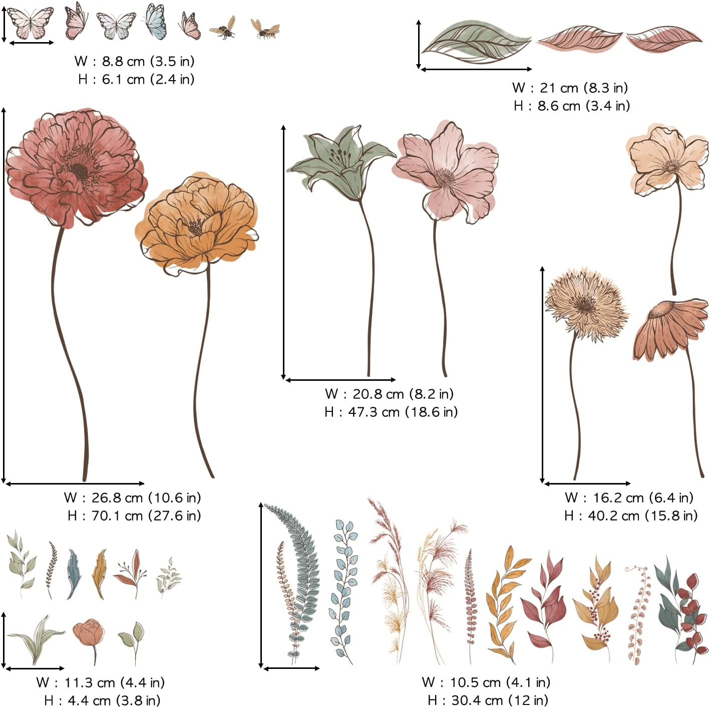 DECOWALL SG2-2420 Boho Flowers Wall Stickers Wildflower Floral Grass Garden Bedroom Living Home DIY Decor Art Colorful Pink Plants Removable Murals Nursery Leaves Leaf Potted Decoration image number 3