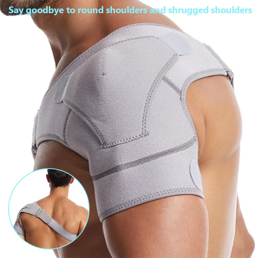 Adjustable Shoulder Brace for Men & Women, Breathable Neoprene Rotator Cuff Support with Compression Wrap, Relief for Shoulder Pain, Strains & Dislocation (Grey) image number 5