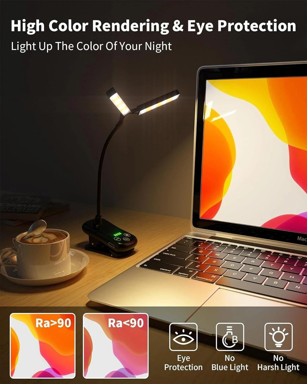 Quntis Reading Light - 14 LED Clip-On Book Light with Stepless Dimming & 3 Colors, 360&deg; Flexible USB Gooseneck for Bed/Desk/Study, Rechargeable Eye-Caring Lamp for Home Office/Night Reading, Black image number 3