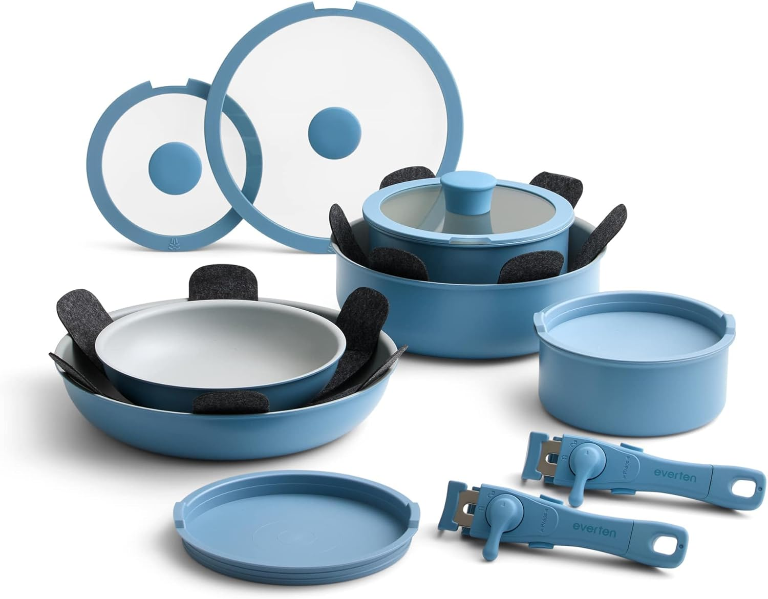 Everten Flex 16-Piece Nonstick Cookware Set &ndash; Detachable Handles, Space-Saving Design, PFOA/PFOS Free, with Pan Protectors &ndash; Denim