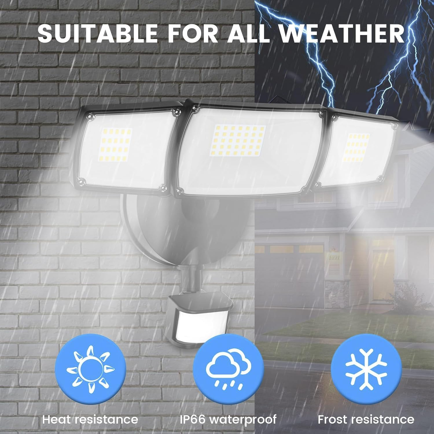 TONGLIN Security Light Outdoor, 4200LM 75LED Wiring Motion Sensor Lights, 42W 3-Head Angel Adjustable Flood Light with Remote Control, IP66 Waterproof Garden Light for Porch Patio Driveway Pathway image number 3