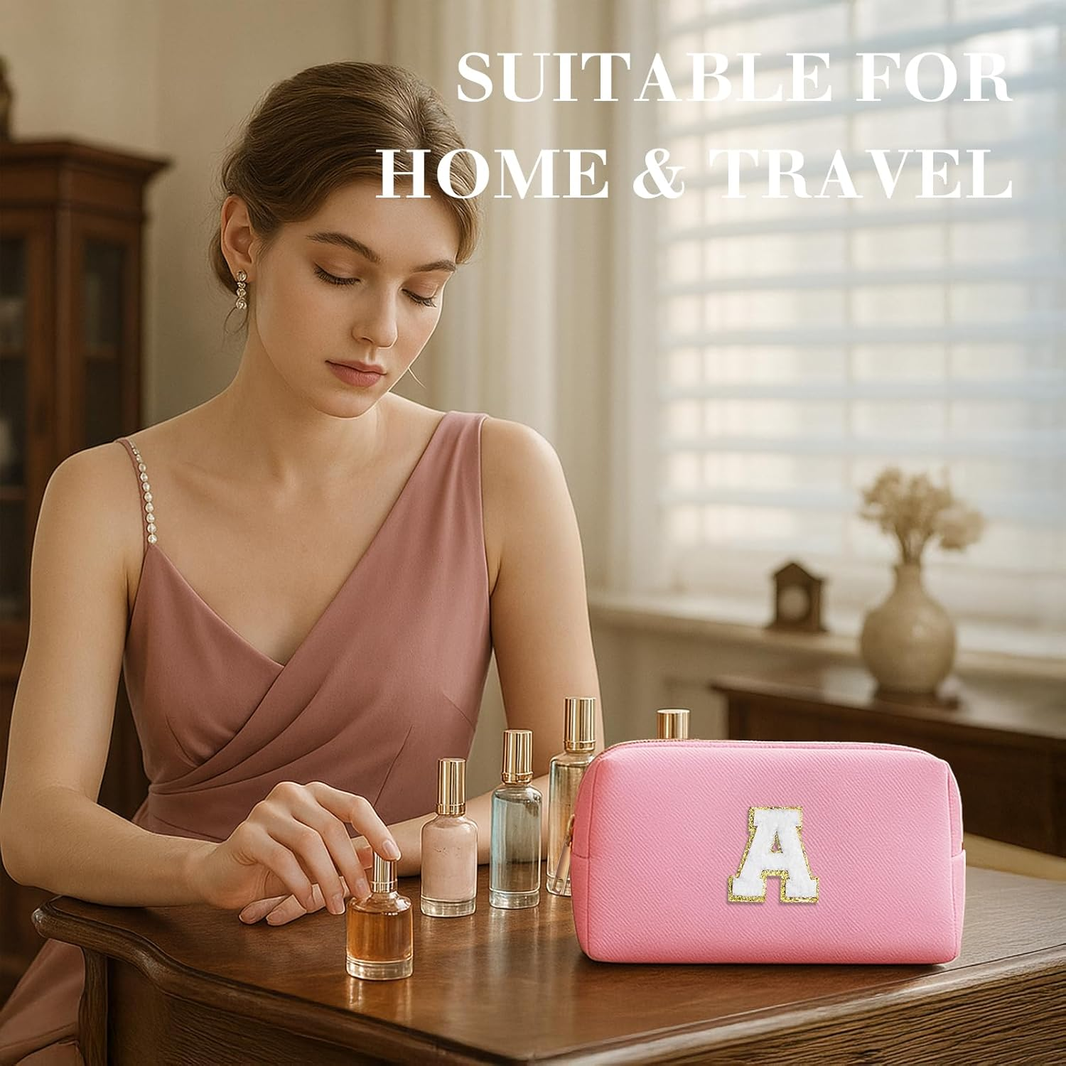 LIAN Initial Makeup Bag Personalized Cosmetic Bags Cute Makeup Pouch Waterproof PU Small Travel Toiletry Bags for Women Preppy Things for Girls (Pink-A) image number 3