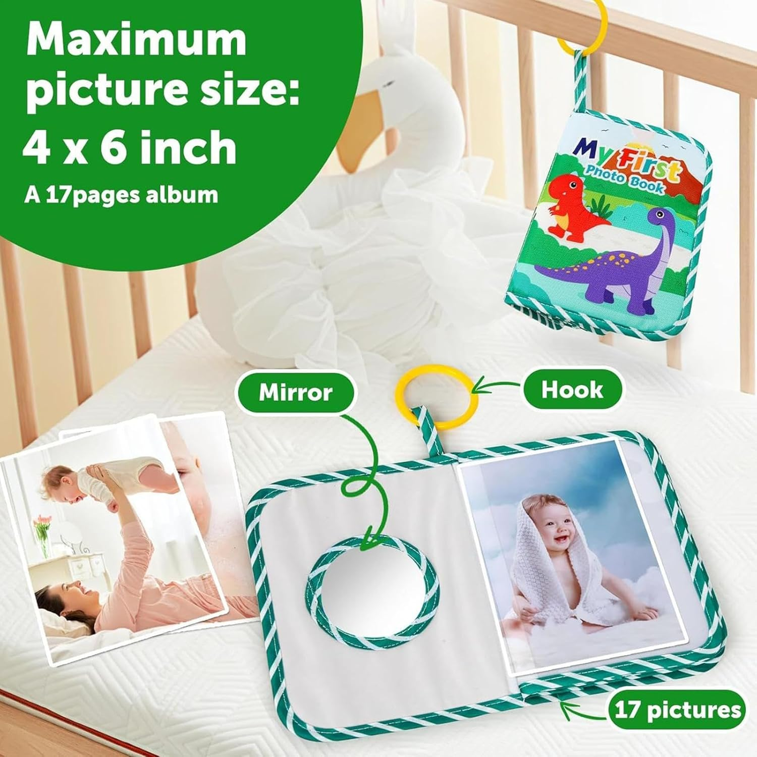 Baby First Photo Album - Soft Dinosaur Crinkle Picture Book | Hold 4X6Inch Collectible Cute Memory Picture Album with Safe Mirror for Boys Girls Kids