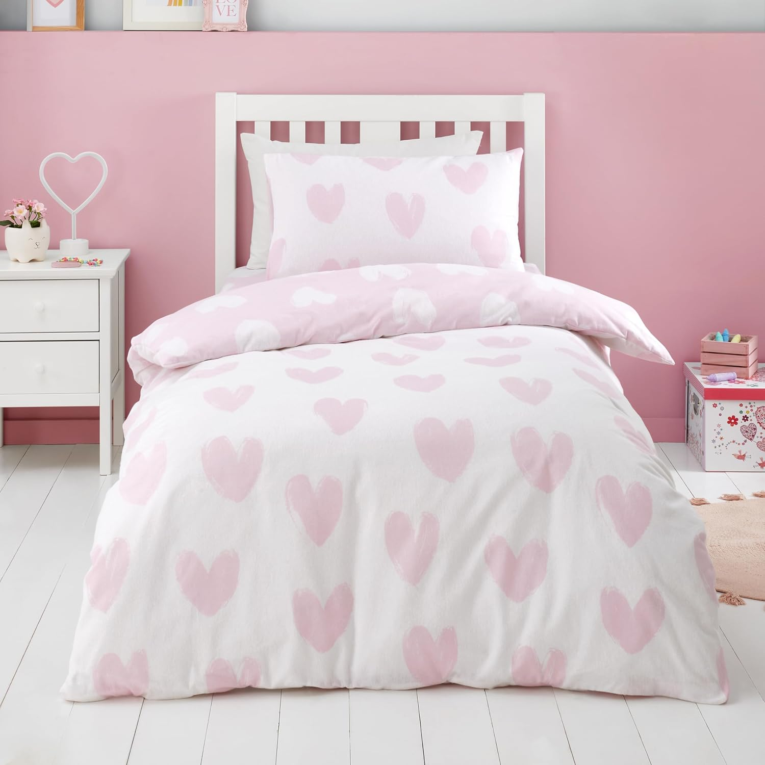 Catherine Lansfield Brushed Cotton Hearts Reversible Single Duvet Cover Set with Pillowcase Pink image number 4