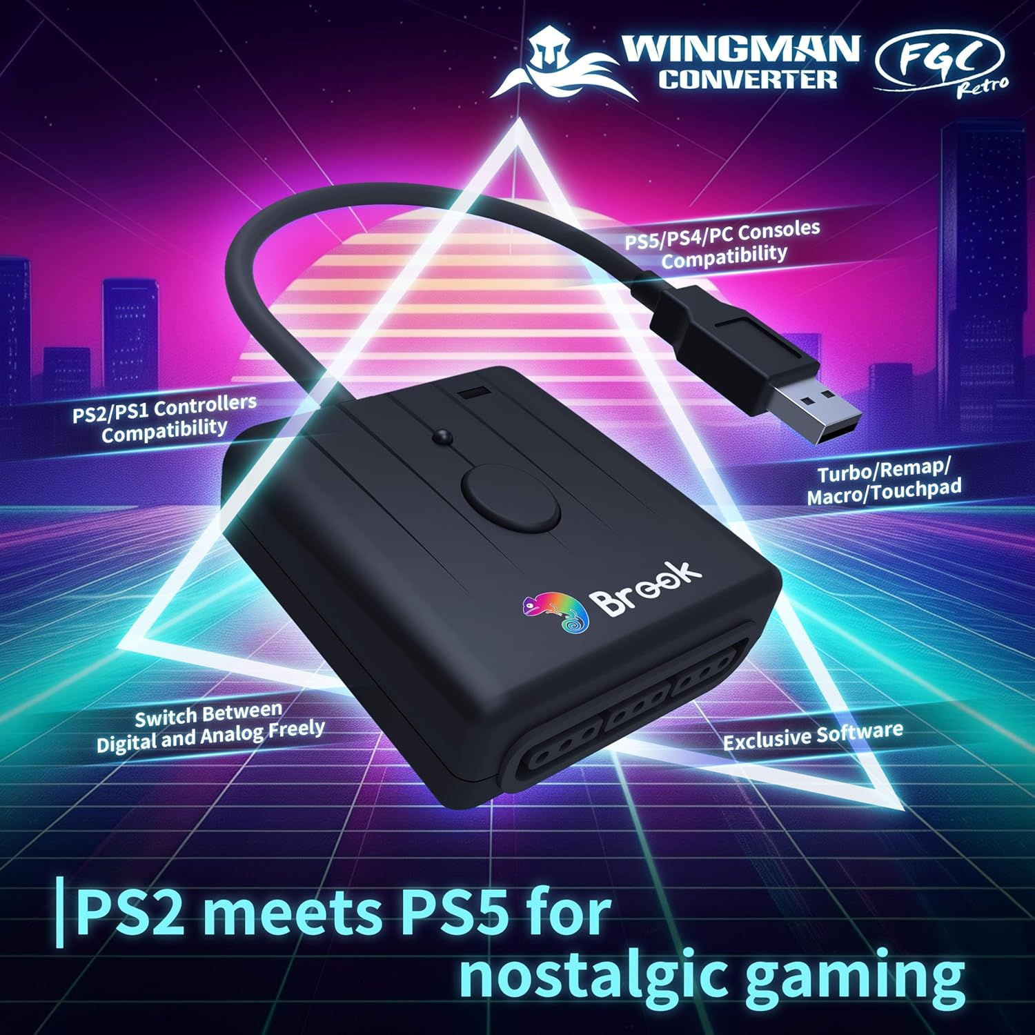 Brook Wingman FGC Retro with Keychain &ndash; PS1 & PS2 Controller for PS5, PS4, PC &ndash; Turbo, Remap, Macro &ndash; X-Input &ndash; Compatible with Dance Mats, Arcade Sticks, Rhythm Game Controllers image number 1