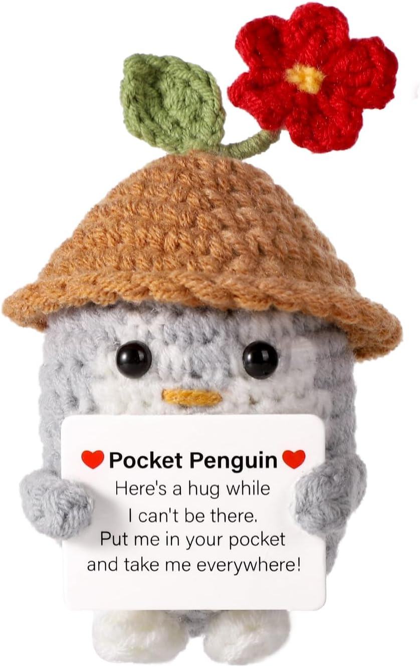 Lasuroa Funny Positive Penguin, 10 Cm Cute Knitted Penguin Toy with Card, Positive Potatoes, Creative Crochet Penguin with Hat for Families, Friends, Encouragement Gift